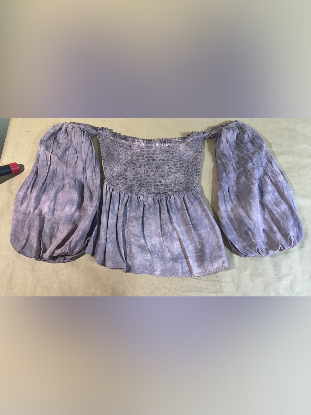 American Eagle purple tie dye smocked off shoulder puff sleeve top xs